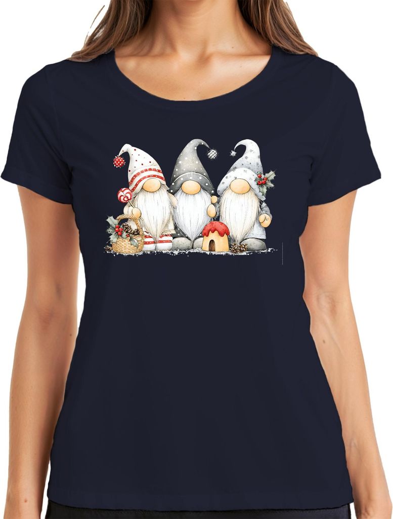 Weihnachtswichtel Gnom Trio Skandinavisch niedlich Geschenk Damen T-Shirt, Navy, M