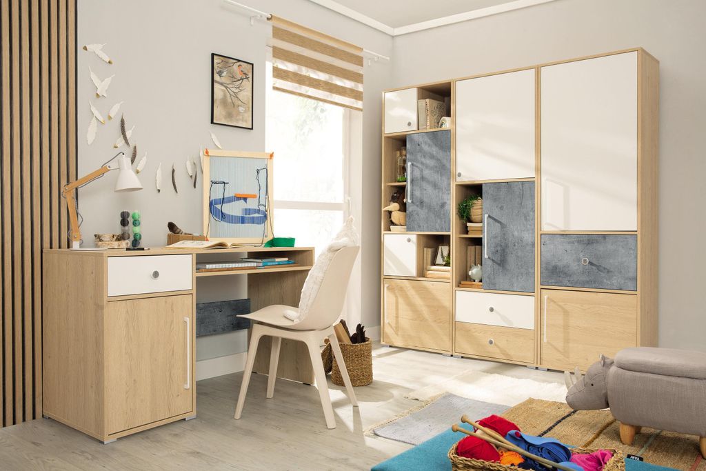Schlafzimmer-Set – 4-teilig – STEP System – 3× Regalschrank & Schreibtisch – Weiß / Sonoma Eiche – Modernes Schlafzimmer mit harmonisch...