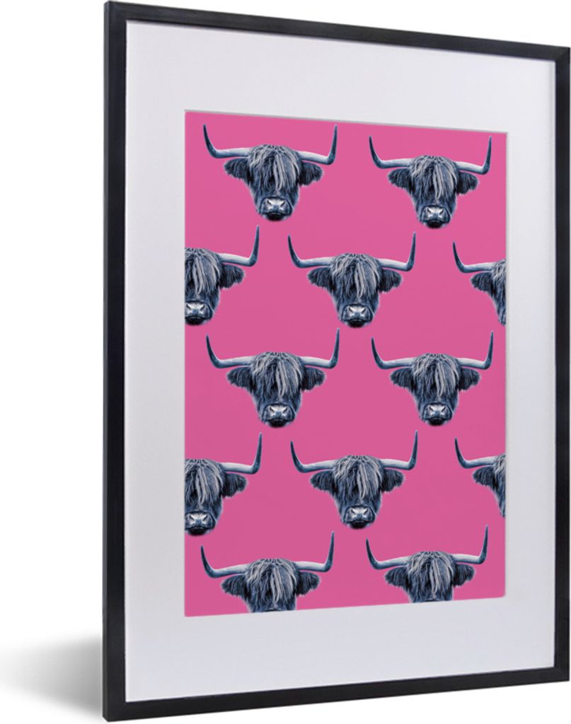 MuchoWow MuchoWow Gerahmtes Poster Schottisches Hochlandrind - Muster - Grau 30x40 cm - Poster mit zchwarzem Bilderrahmen - Wandposter Schlafzi...