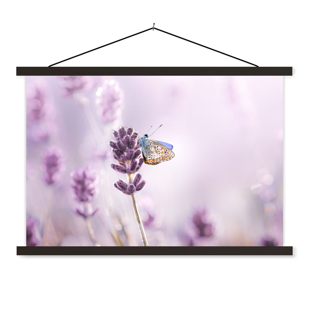 MuchoWow Textilposter Lavendel - Schmetterling - Nahaufnahme - Lila 60x40 cm mit schwarzem Rahmen - Hölzernes