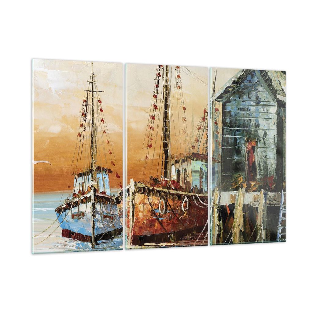 Bilder auf glas - 3 Teile - Kutter Hafen Öl - 105x70cm - Glasbilder - Wandbilder - Bilder - zum Aufhängen bereit - Wanddekoration aus Glas - Glas...