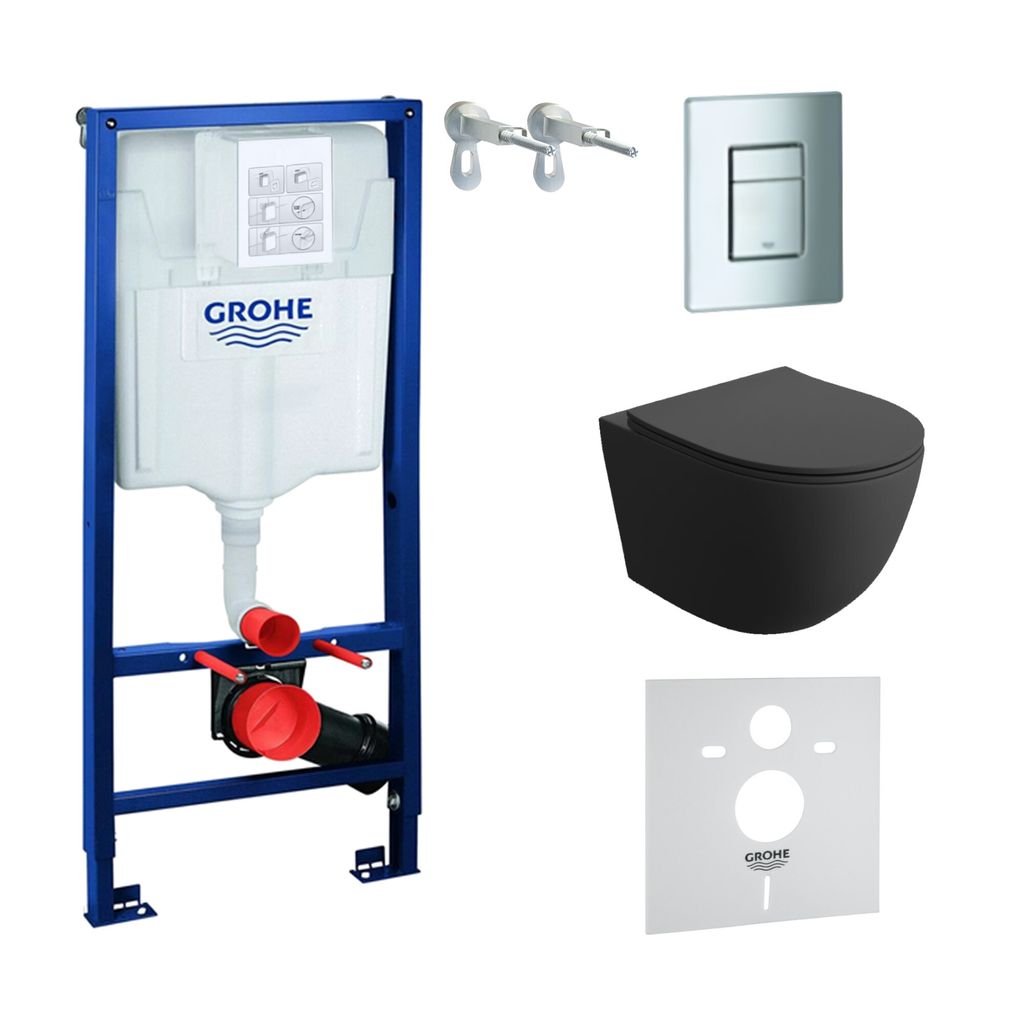 GROHE | Vorwandelement Solido + Wand Hänge WC Sinto Schwarz Spülrandlos + WC-Sitz SoftClose | Verchromter Knopf | Komplettset | Toilette Komplett...