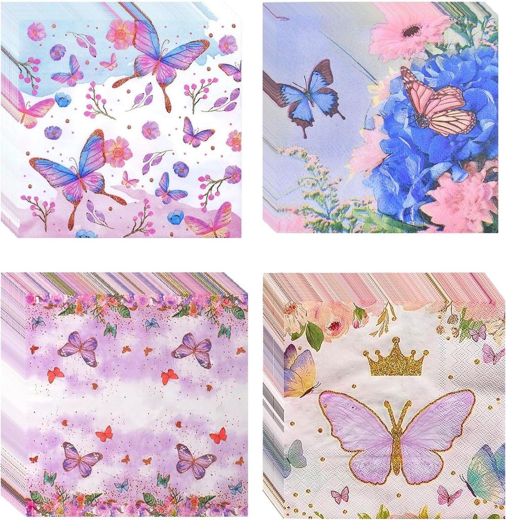 Blumenservietten Frühling - Charmante Frühlings-Tischdekoration - 33x33cm - Schmetterlingsblumen-Papierservietten - Blumenkranzservietten - Tisch...