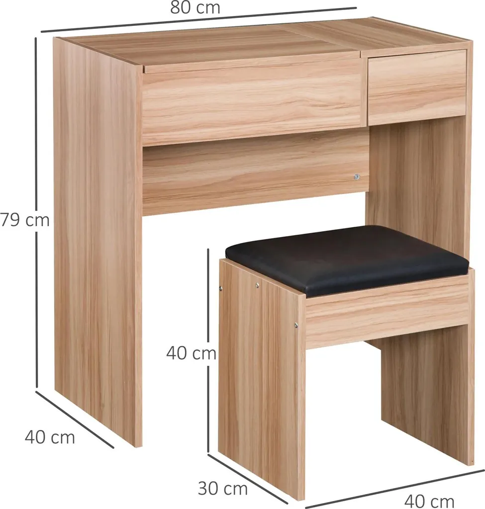 Coiffeuse en bois marron avec tabouret confortable et grands rangements - 3