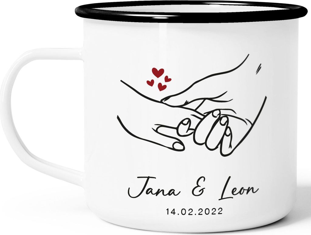 Emaille-Tasse Geschenk Liebe Motiv Hände Herzen personalisierbar mit Namen und Datum SpecialMe Variante 3 emaille-weiß-schwarz standard