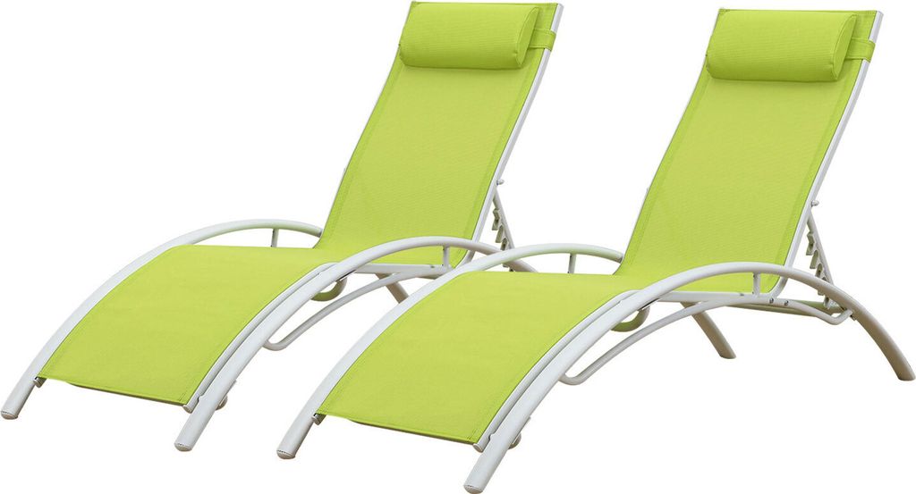 Two green lounge chairs with white frames on a white background.