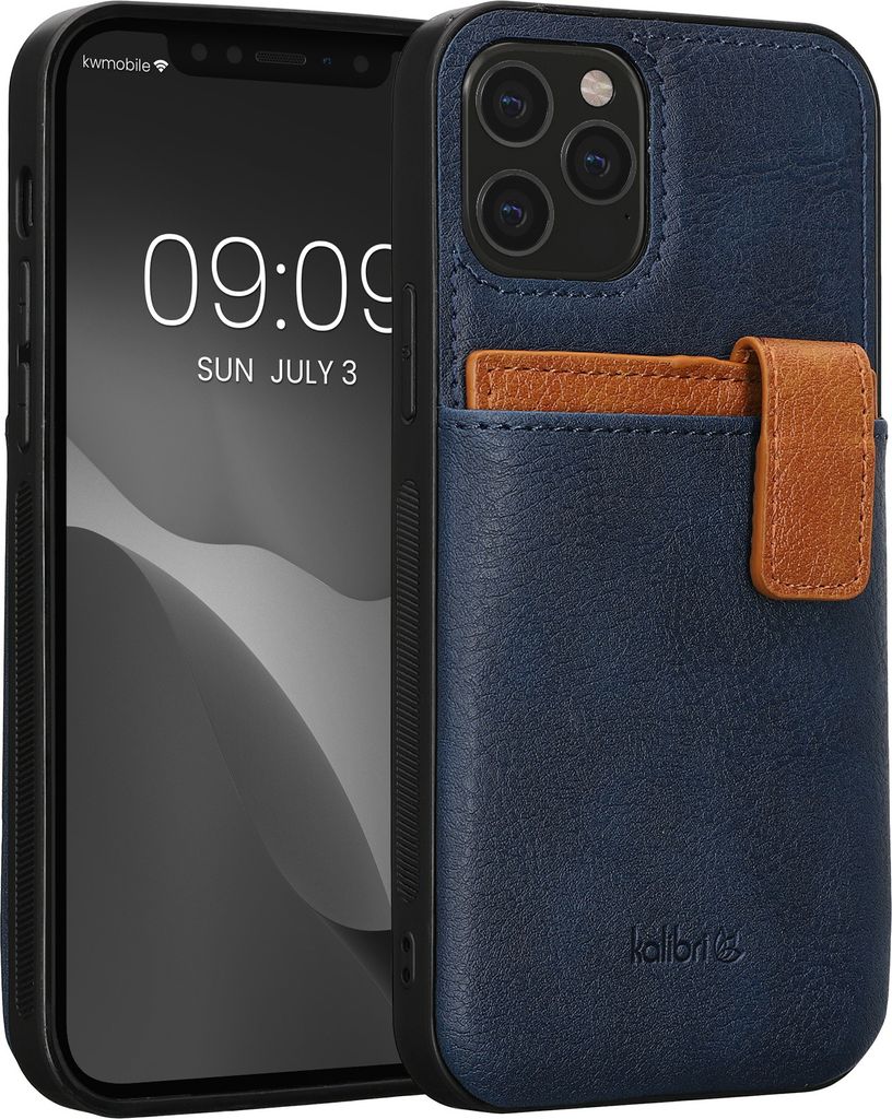 kalibri Hülle kompatibel mit Apple iPhone 12 / iPhone 12 Pro - Handyhülle Handy Cover - Kunstleder Case mit Kartenfach abnehmbar - Dunkelblau Braun