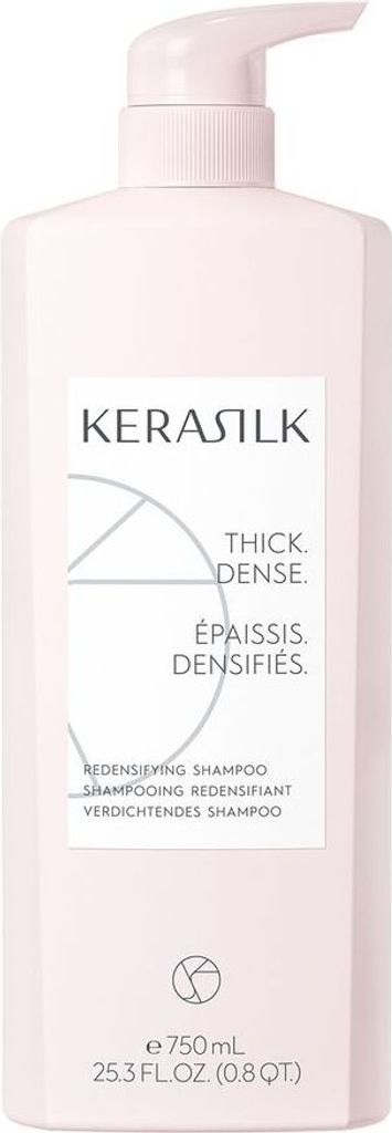 A pink bottle of Kerasilk shampoo with a pump dispenser.