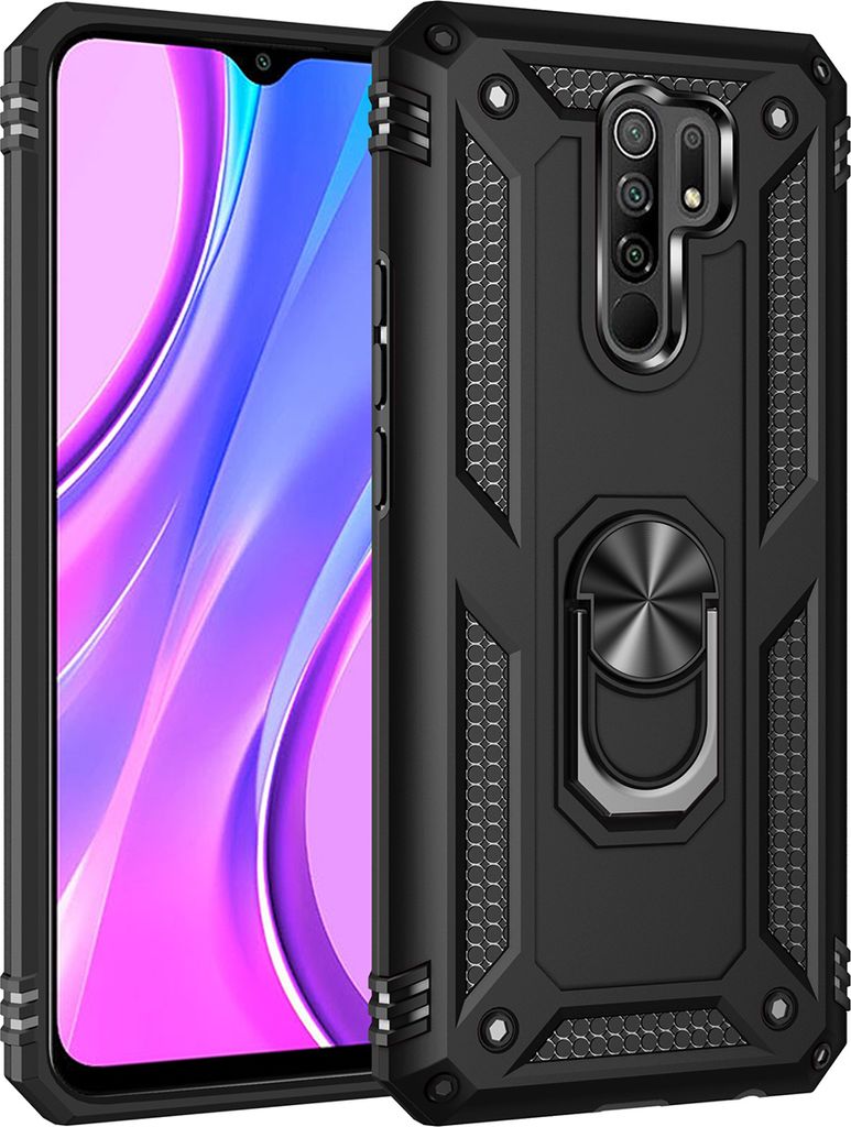 LaimTop Schutzhülle für Redmi 9, Dual Layer Robust Militäre Fallschutz Hülle mit Ringhalterung Ständer für Xiaomi Redmi 9 Schwarz