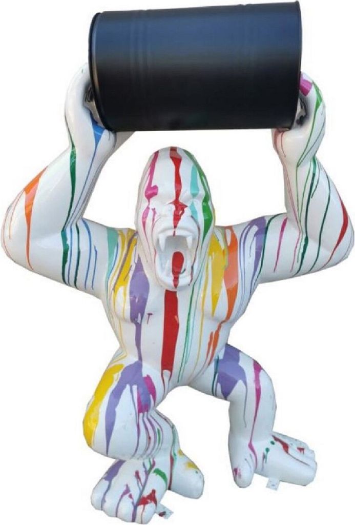 Casa Padrino Luxus Deko Skulptur Gorilla Affe mit Fass Weiß / Mehrfarbig / Schwarz H. 250 cm - Große Deko Figur - XXL Deko Skulptur - XXL Deko Fi...