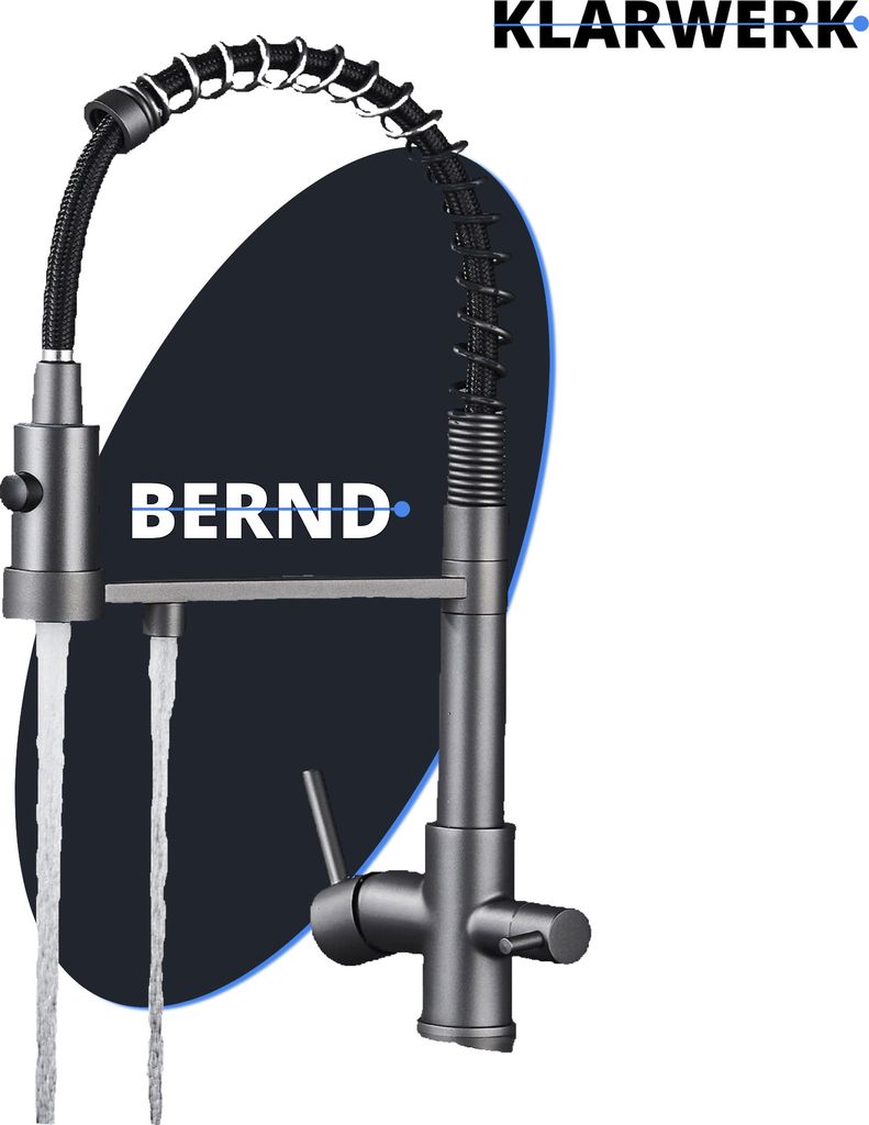 Bernd | 3 Wege Gastronomie Grau Titanfarben Filtermatur | Feder Edelstahl Osmose Wasserhahn Küche | Restaurant Mischbatterie 360° drehbar 2 Ansch...