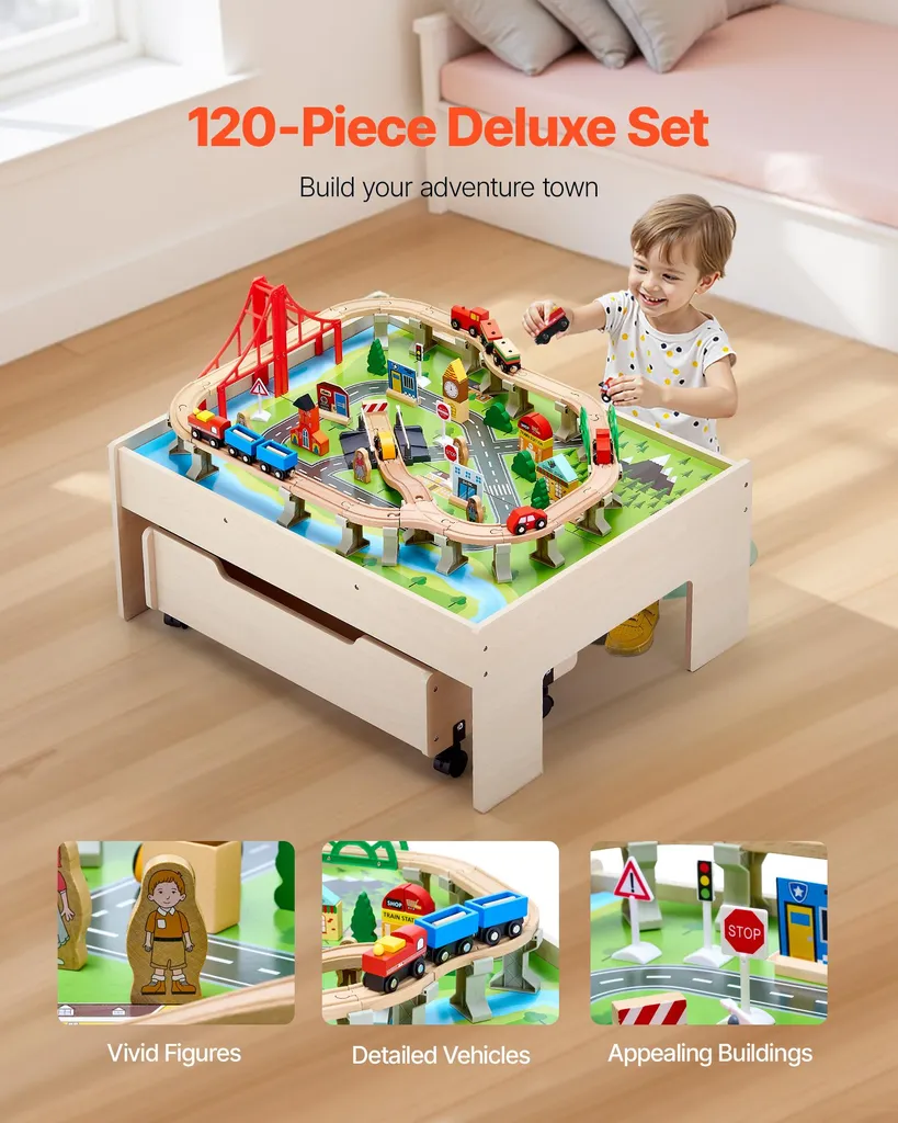 SucceBuy Table de Train en Bois avec 100 Accessoires et Tiroir Mobile