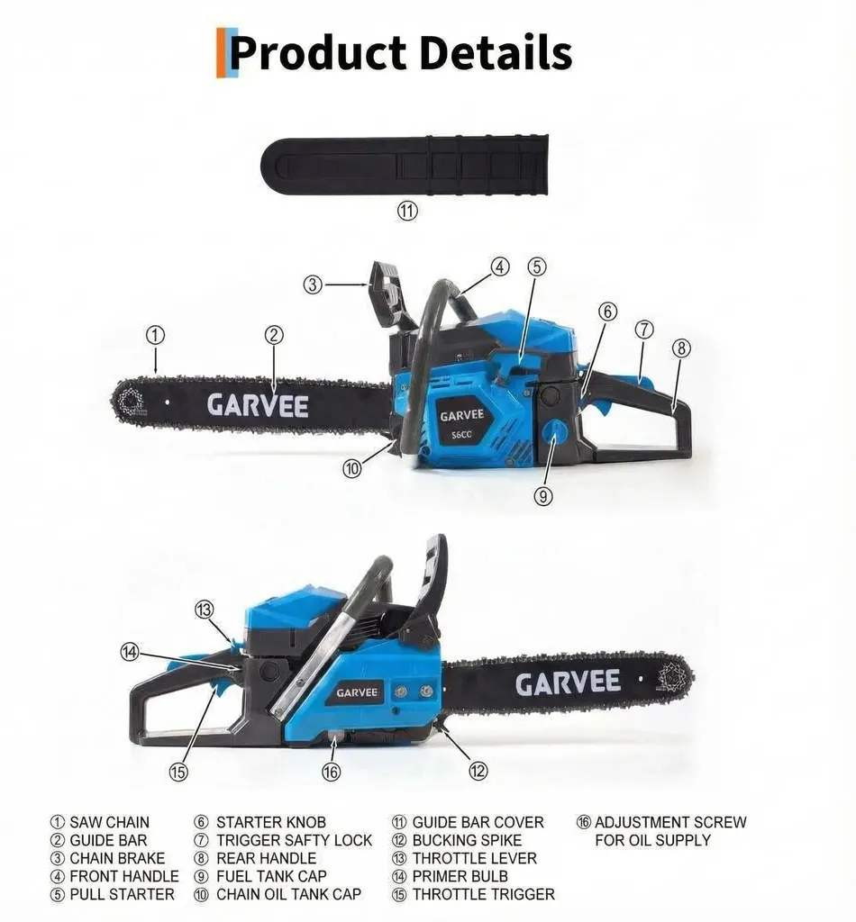 Tronçonneuse à essence 52cm³ - Guide 45cm - Bleu - Puissante - 8