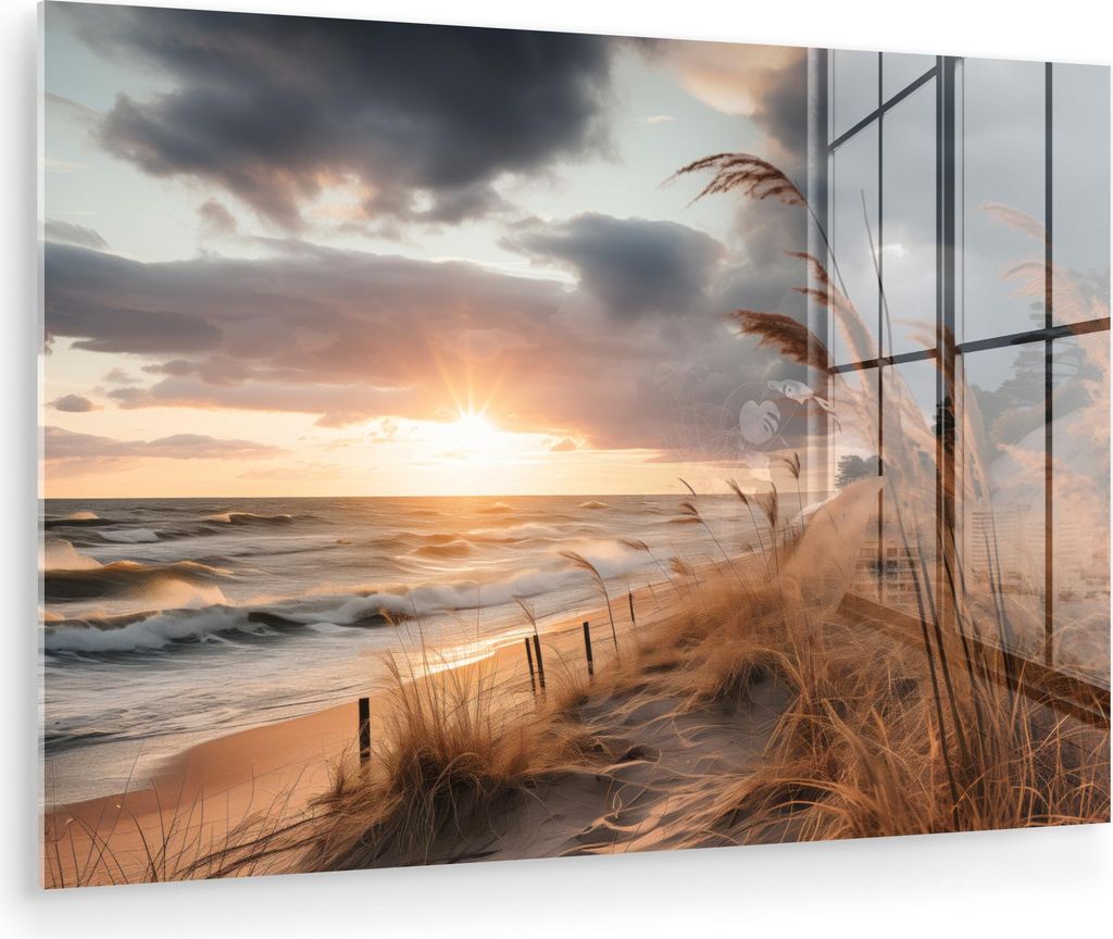 MuchoWow Glasbilder - Bilder auf Wandbild - Foto auf Glas Strand - Dünen - Meer - Sand - Hochgras 90x60 cm Wanddekoration aus Glas - Acrylglasbild...