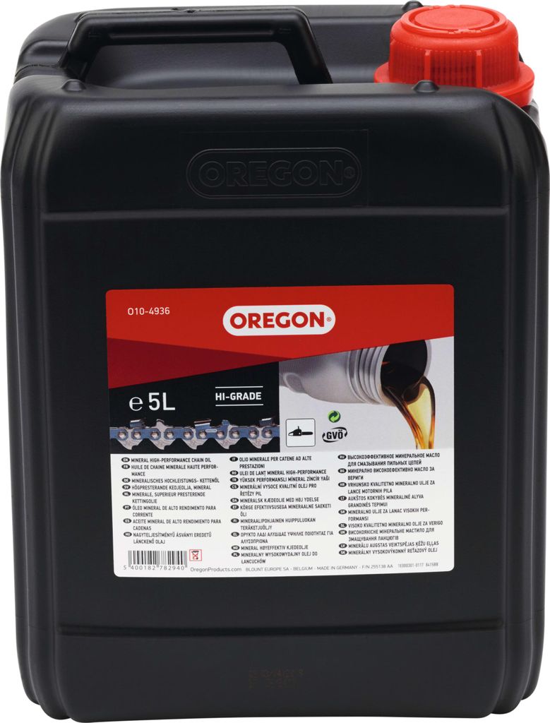 A black plastic container of Oregon Hi-Grade chainsaw oil.