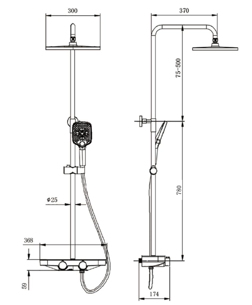Duschsystem Thermostat BS371 - Messing - Ablagefläche - Schwarz, matt - Duschkopf und Handbrause wählbar, Auswahl Duschkopf:Eckiges Design, Auswa...