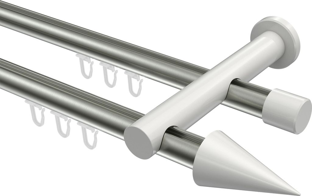 Interdeco Innenlaufstange / Gardinenstange mit Innenlauf Edelstahl-Optik / Weiß, Typ Platon Savio (Kegel), 20 mm Ø 2-läufig, 440 cm