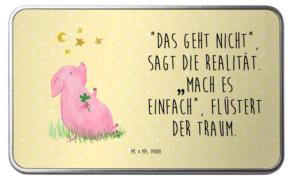 Mr. & Mrs. Panda Geschenkbox Schwein Glück - Gelb Pastell - Geschenk, Geschenkverpackung, Lustige Sprüche, Metallbox, Erinnerungsbox, Metalldose,...