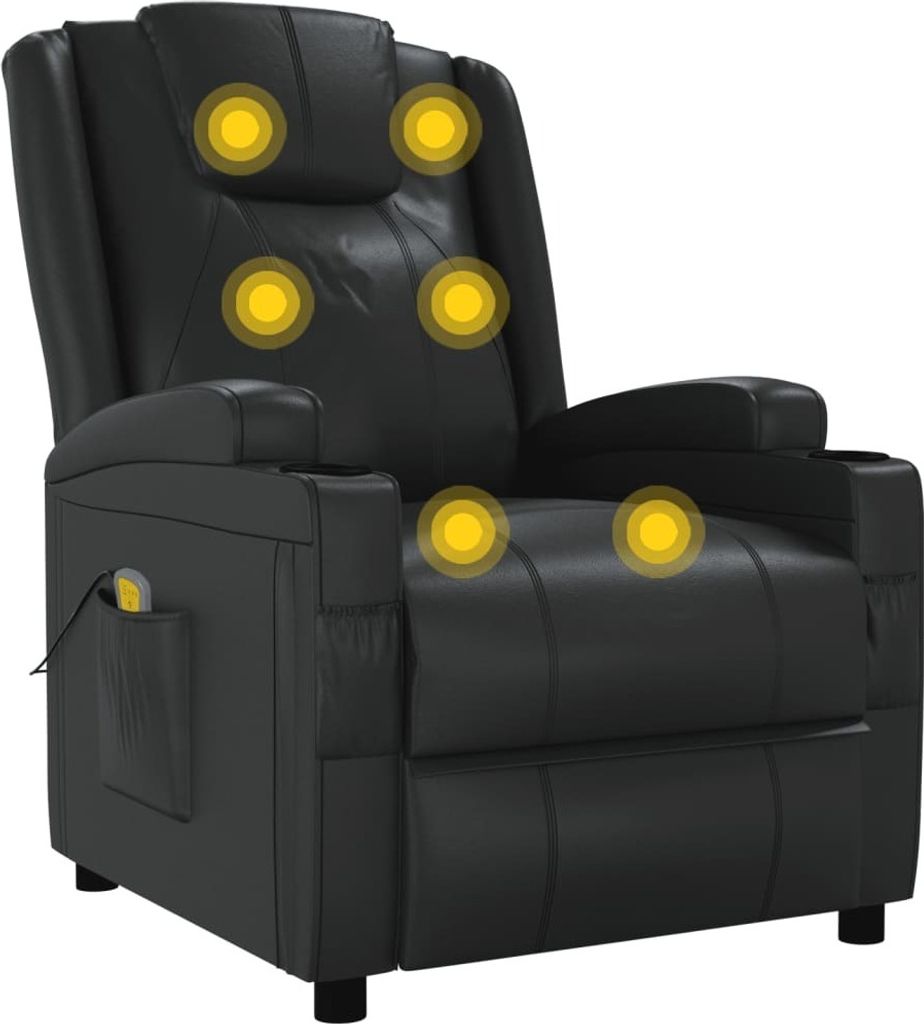 A black massage chair with yellow circles indicating massage points.