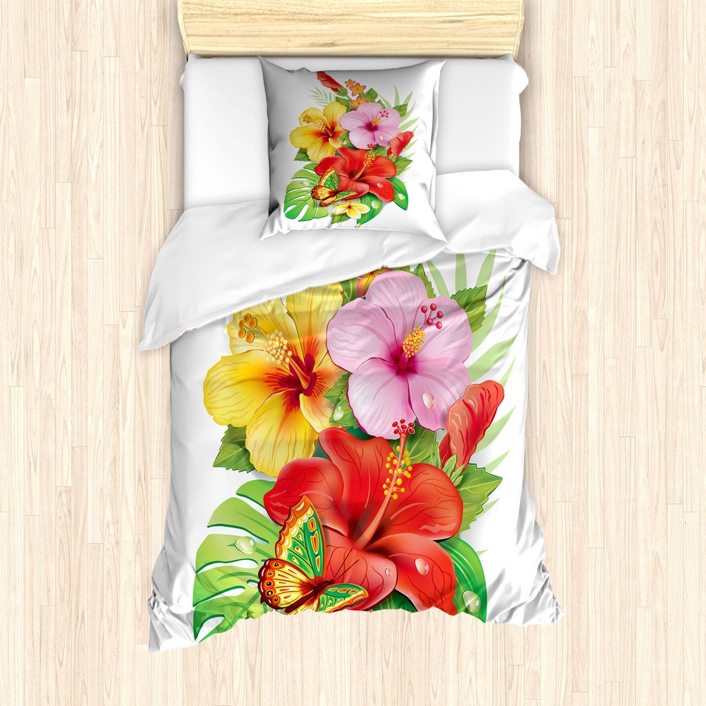 ABAKUHAUS hawaiisch Bettbezug Set für Einzelbetten, Bunt Hibiscus Blooming, Milbensicher Allergiker geeignet mit Kissenbezug, 135 cm x 200 cm - 80...