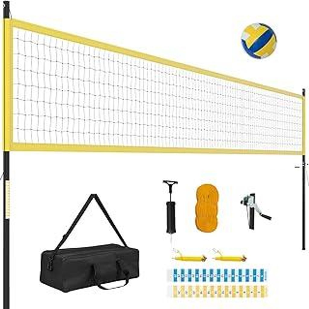 COSTWAY Volleyballnetz Outdoor, 9,5 x 1 m Pool Volleyball Netz Höhenverstellbar mit Ständer, Volleyball, Hammer, Pumpe & Tragetasche, tragbare Be...