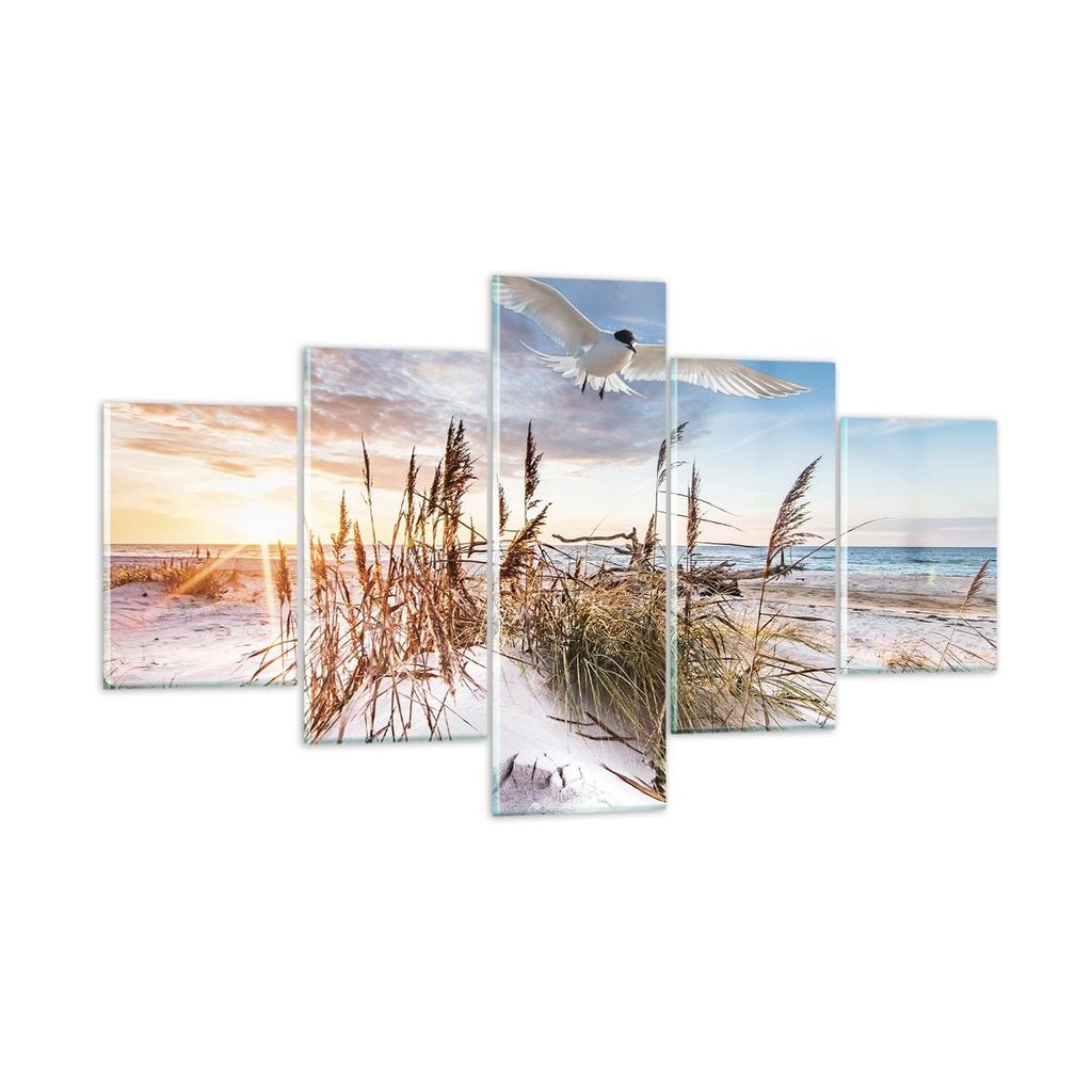 Bilder auf glas - 5 Teile - Möwe Meer Küste - 125x70cm - Glasbilder - Wandbilder - Bilder - zum Aufhängen bereit - Wanddekoration aus Glas - Gla...