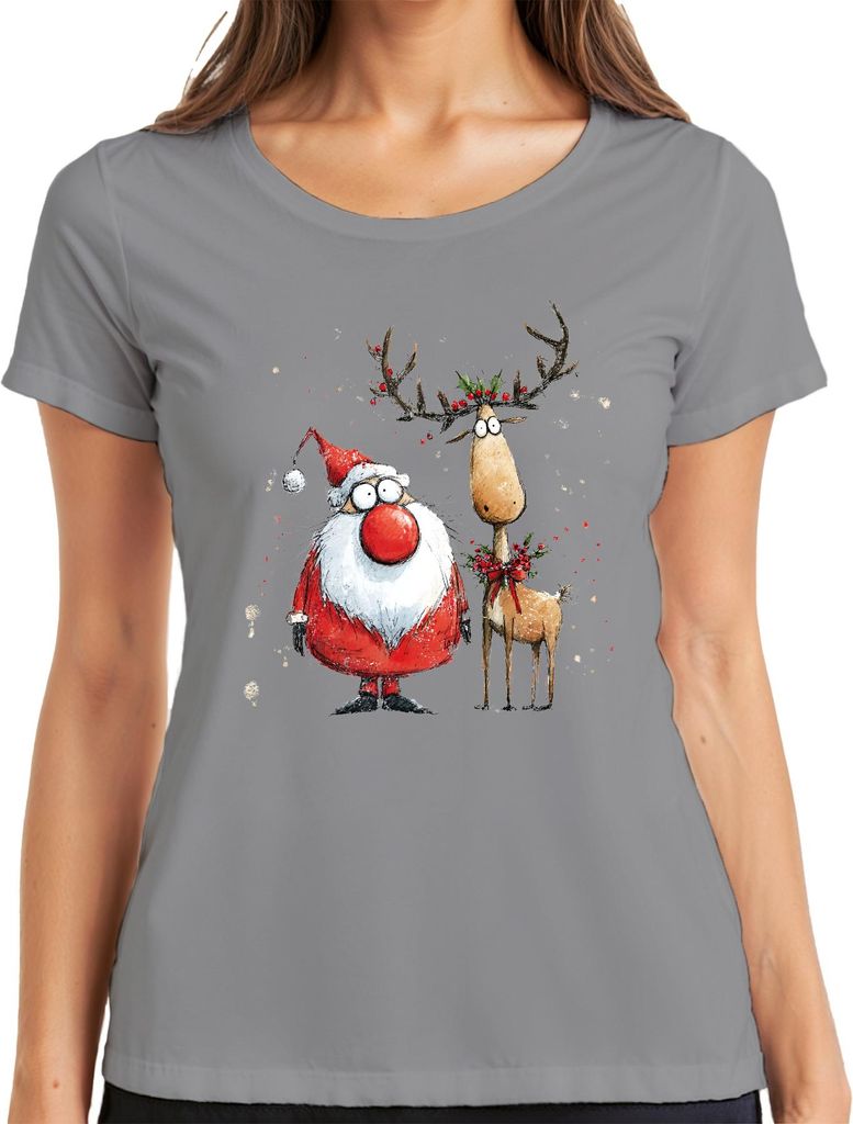 Weihnachtsmann Rentier lustig rote Nase Weihnachten Geschenk Damen T-Shirt, Grau, M