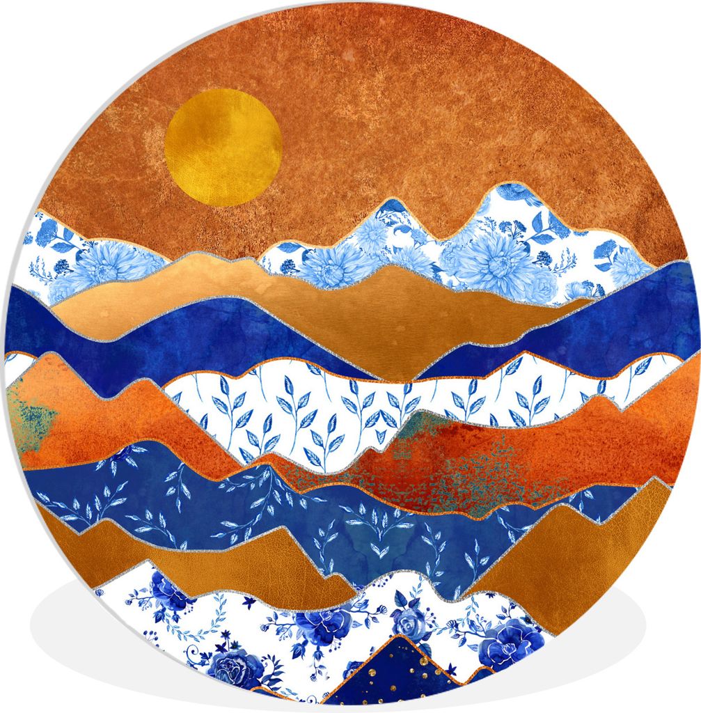 MuchoWow Rundes Wandbild - Runde Bilder Gold - Delfter Blau - Muster Ø 90 cm Kreis Wanddekoration Kunststoff - Wandkreis - Wandschmuck - Wand-Kr...