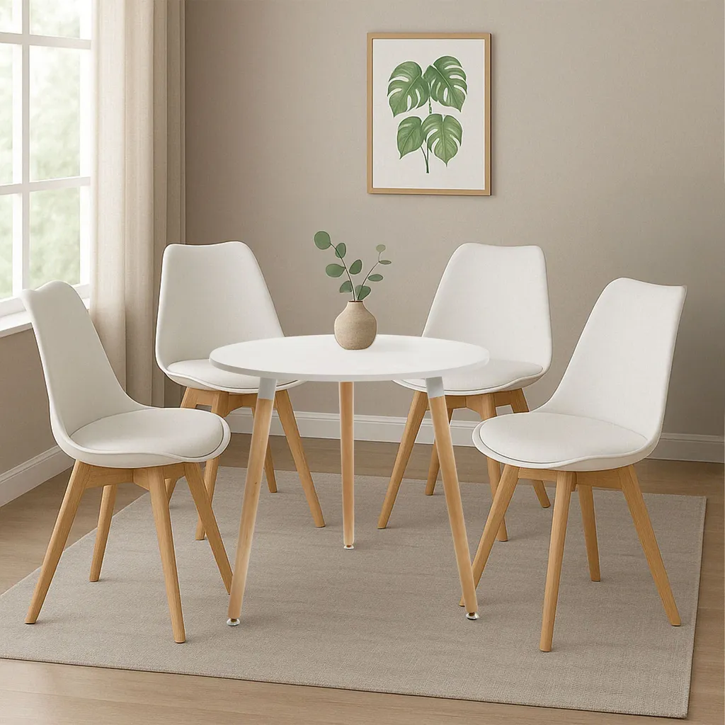 Table à Manger Ronde 80cm et 4 Chaises Blanches Style Scandinave