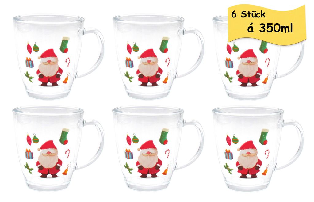 6er Set Kinderpunsch- & Glühweingläser 350 ml dickwandiges Qualitätsglas Mikrowellengeeignet – (Weihnachtsmann)