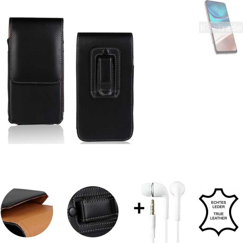 K-S-Trade Leder Gürteltasche + Kopfhörer kompatibel mit Motorola Moto G42 Seitentasche Belt pouch Holster Handyhülle Schutz Hülle Etui schwarz 1x