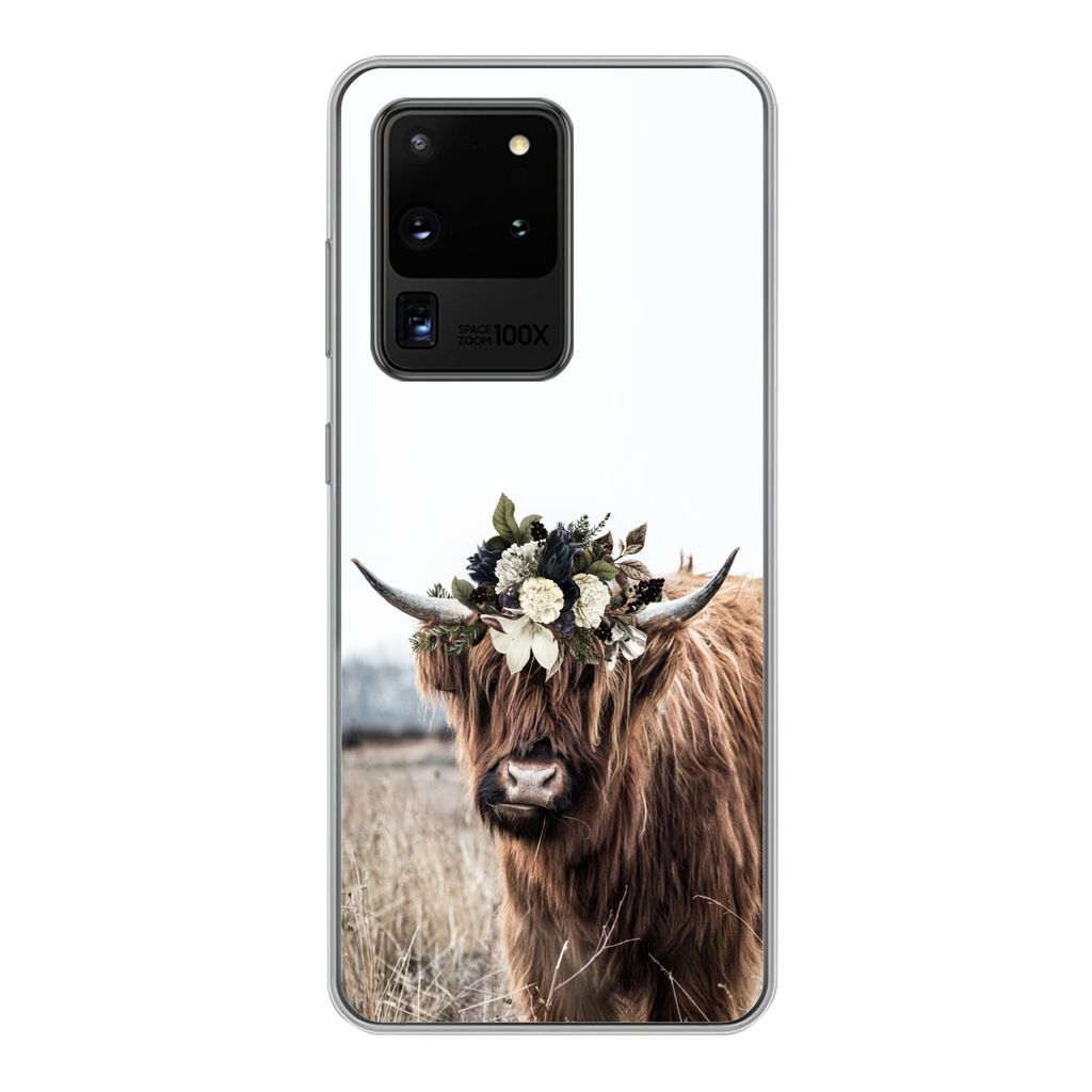 MuchoWow Handyhülle Schutzhülle Hülle für Samsung Galaxy S20 Ultra Schottischer Highlander - Blumen - Tiere Silikon Softcase Handy Hülle - K...