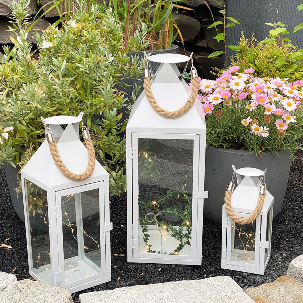 3er Set Laternen Windlicht Gartenlaterne weiß Metall mit Produktbild 1