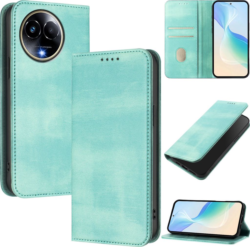 Handyhülle für Realme 11 5G/Realme Narzo 60x, Vintage Leder RFID Schutz Kartenfach Standfunktion Magnetische Klapphülle Türkis