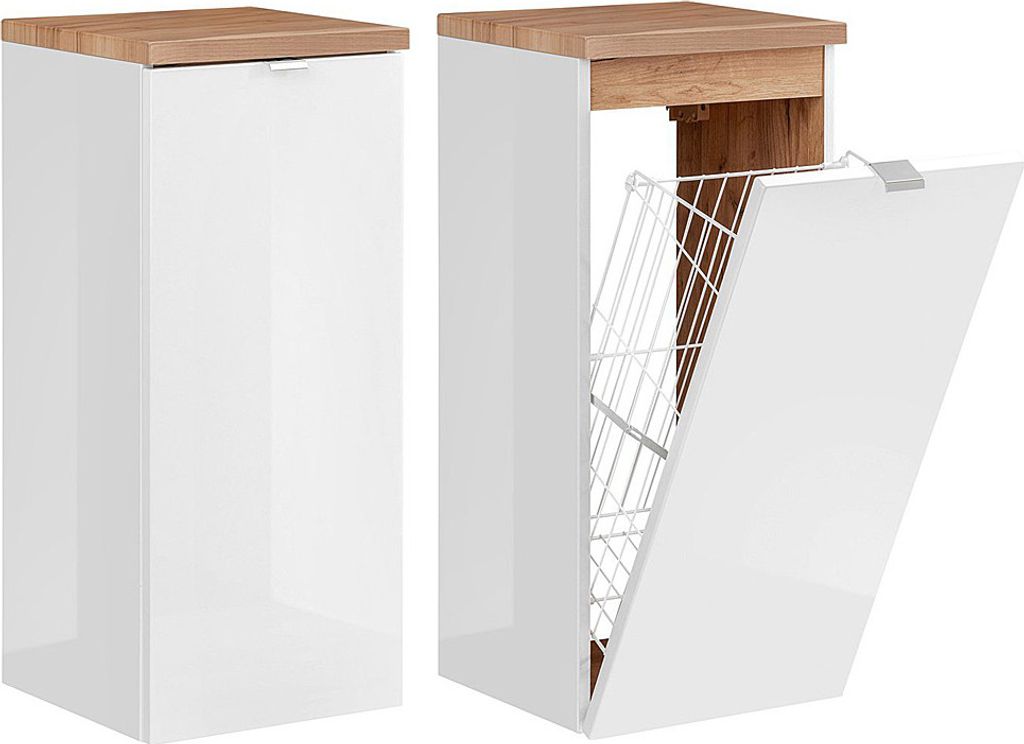 Badezimmer Unterschrank mit Wäschekorb TOSKANA-56 in Weiß-Hochglanz B/H/T ca. 35/80/35cm