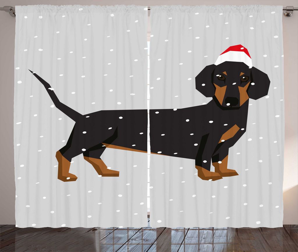 ABAKUHAUS Dackel Rustikaler Vorhang, Hund trägt Weihnachtsmütze Schnee, Wohnzimmer Universalband Gardinen mit Schlaufen und Haken, 280 x 175 cm, ...