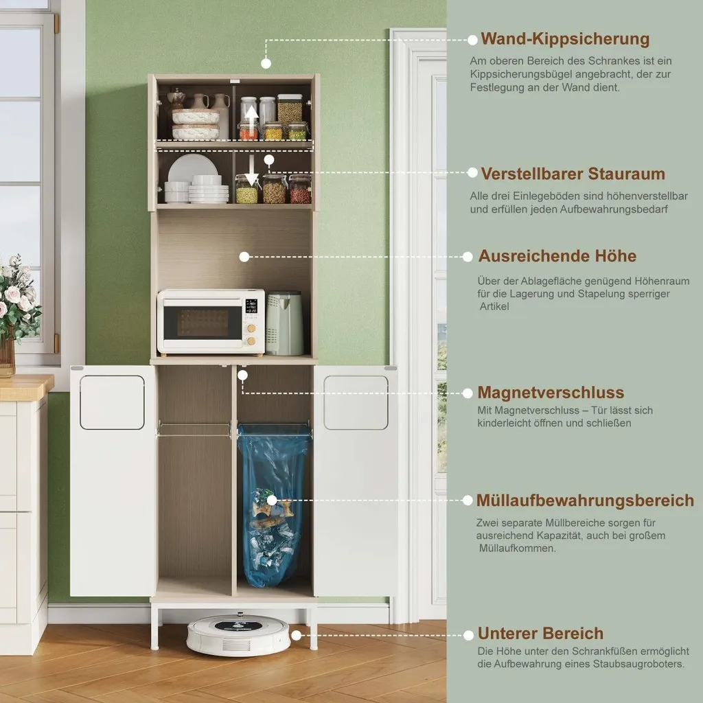 Meuble de rangement cuisine 181cm pour micro-ondes et aspirateur balai