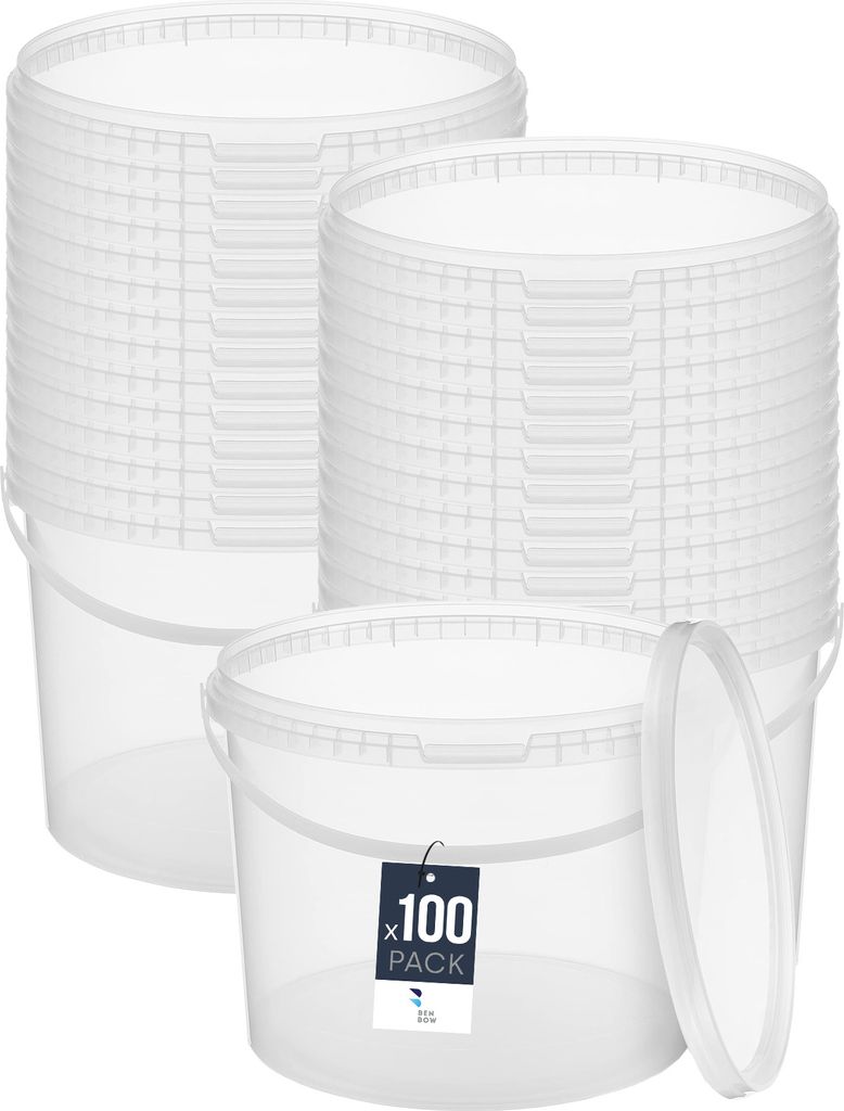 BenBow Eimer mit Deckel 10L x100 Transparent - lebensmittelecht, stabil, luftdicht, auslaufsicher, geruchsneutral - Plastikeimer mit Henkel - leer