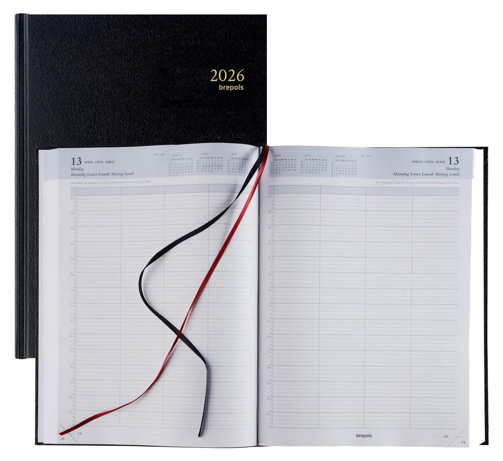 An open black diary for the year 2026, showing a daily planner layout with two ribbon bookmarks.