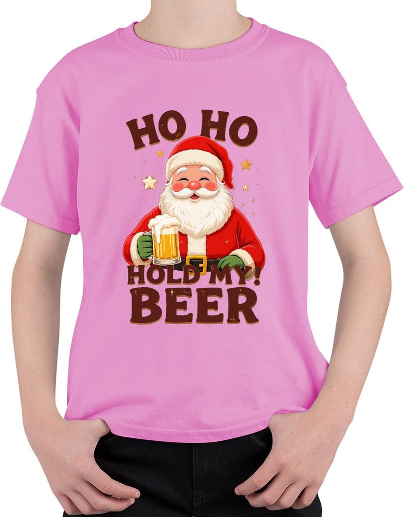 Ho Ho Hold My Beer Weihnachtsmann Bier Weihnachten Geschenk Uni Kinder T-Shirt, Pink, 140