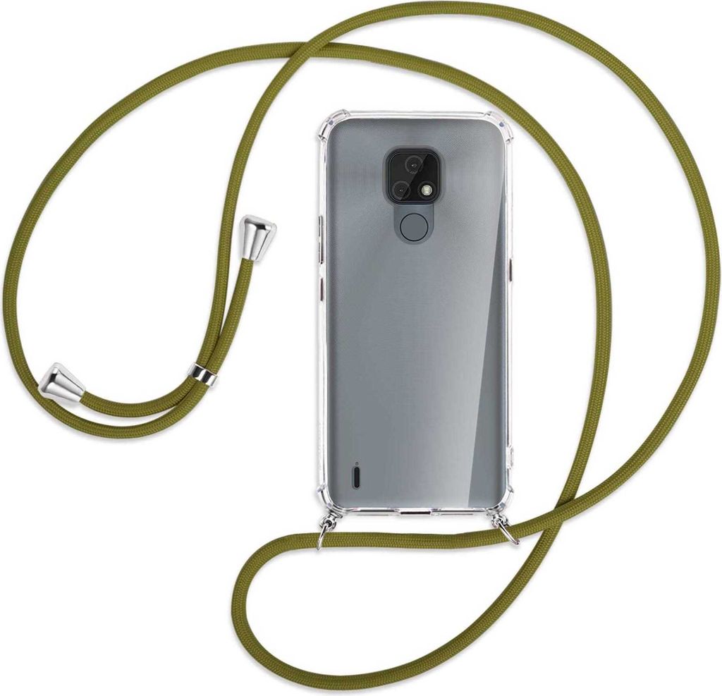 Handykette Backcover-Schutzhülle mit Band (Metall silberfarben) für Motorola Moto E7 - khaki