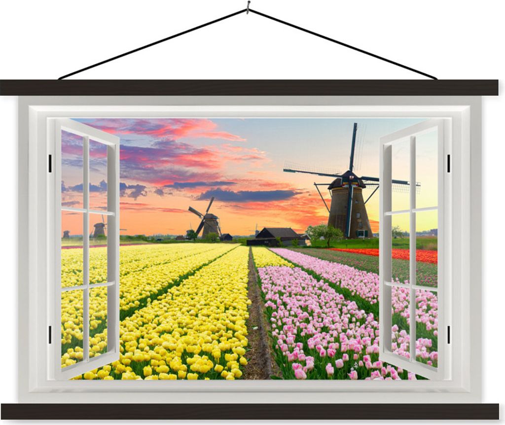 MuchoWow Textilposter Aussicht - Sonnenuntergang - Tulpen 150x100 cm mit schwarzem Rahmen - Schlafzimmer