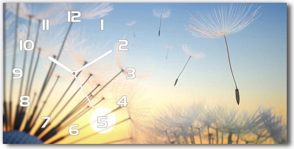Wanduhr aus Glas – 60x30 cm - Glasbild - Glasuhr - Gehärtetes Glas - weisse-zeiger - Löwenzahn Samen