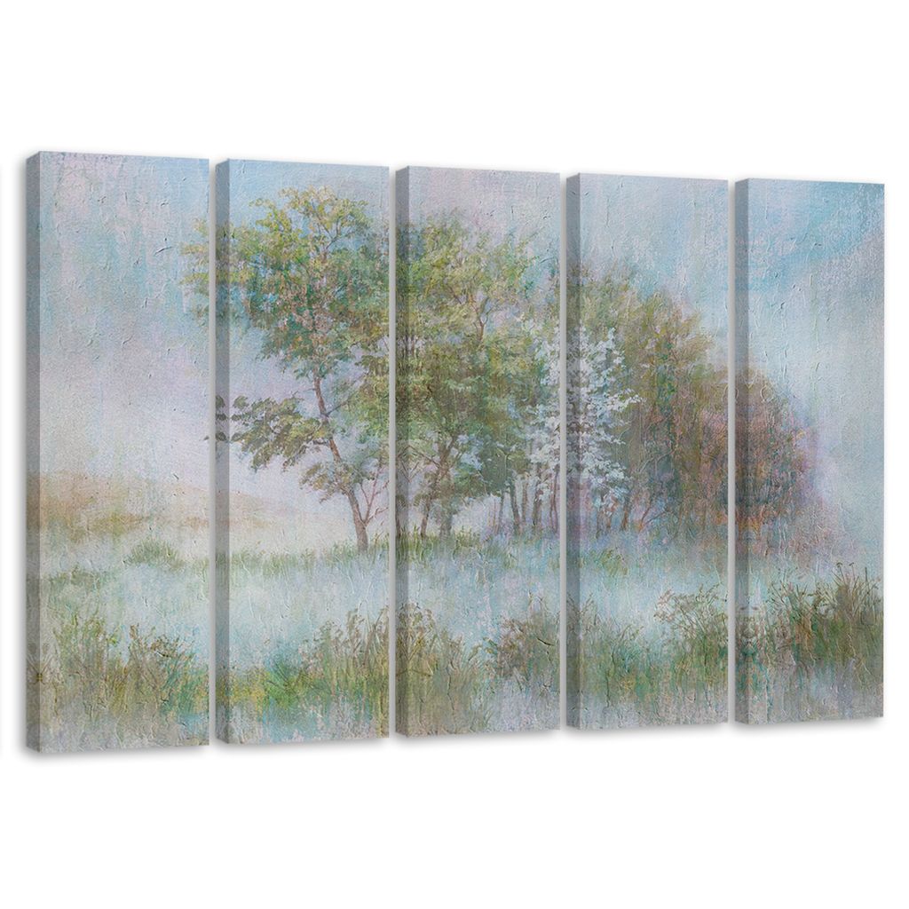 5-teiliges leinwandbild bäume auf einer nebligen wiese 150x100 cm Feeby grün wandbild bereit zum aufhängen