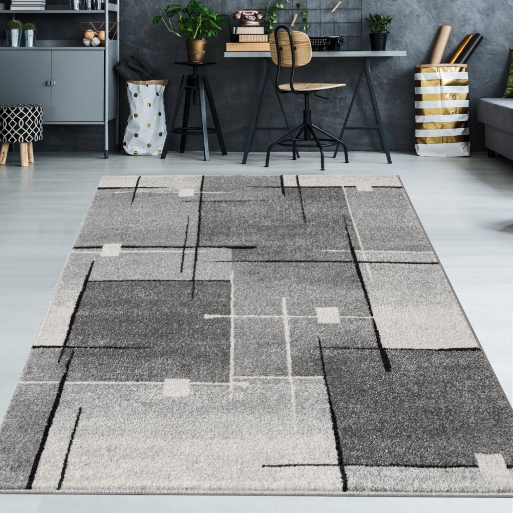 Moderner Teppich mit abstrakten Quadraten schwarz grau Größe - 120 x 160 cm