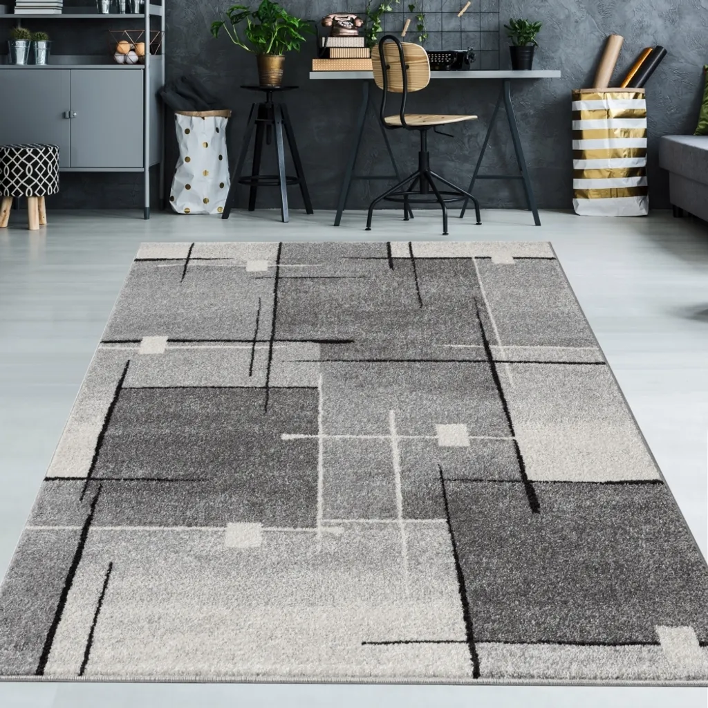 Grand tapis géométrique gris et noir 160x220 cm en fibres résistantes