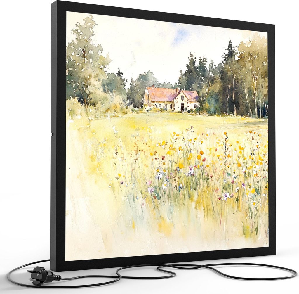 DEQORI LED-Bild & Lampe 60x60 cm Schwarz 'Haus am Waldrand' Leuchtbild LED Leuchte