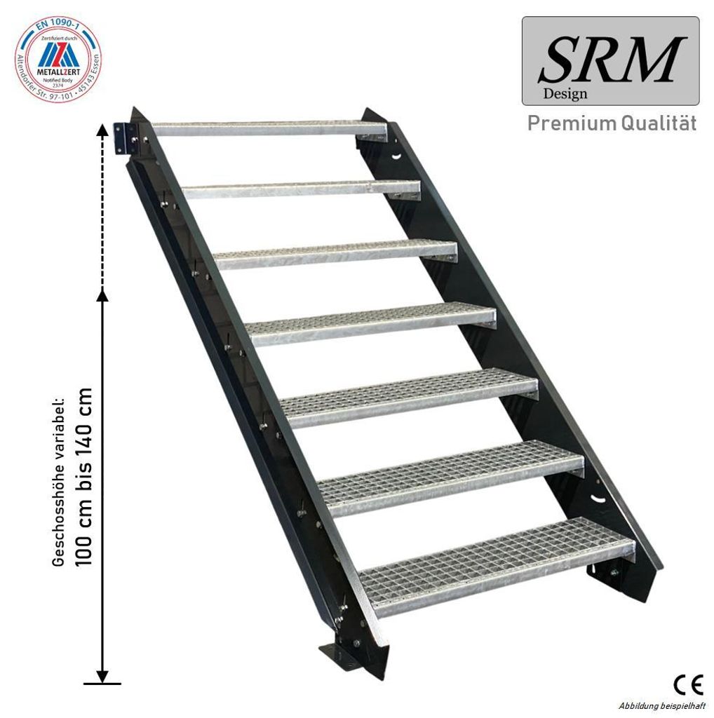 7 Stufen Stahltreppe anthrazit Breite 160 cm Geschosshöhe 100 - 140 cm ohne Geländer