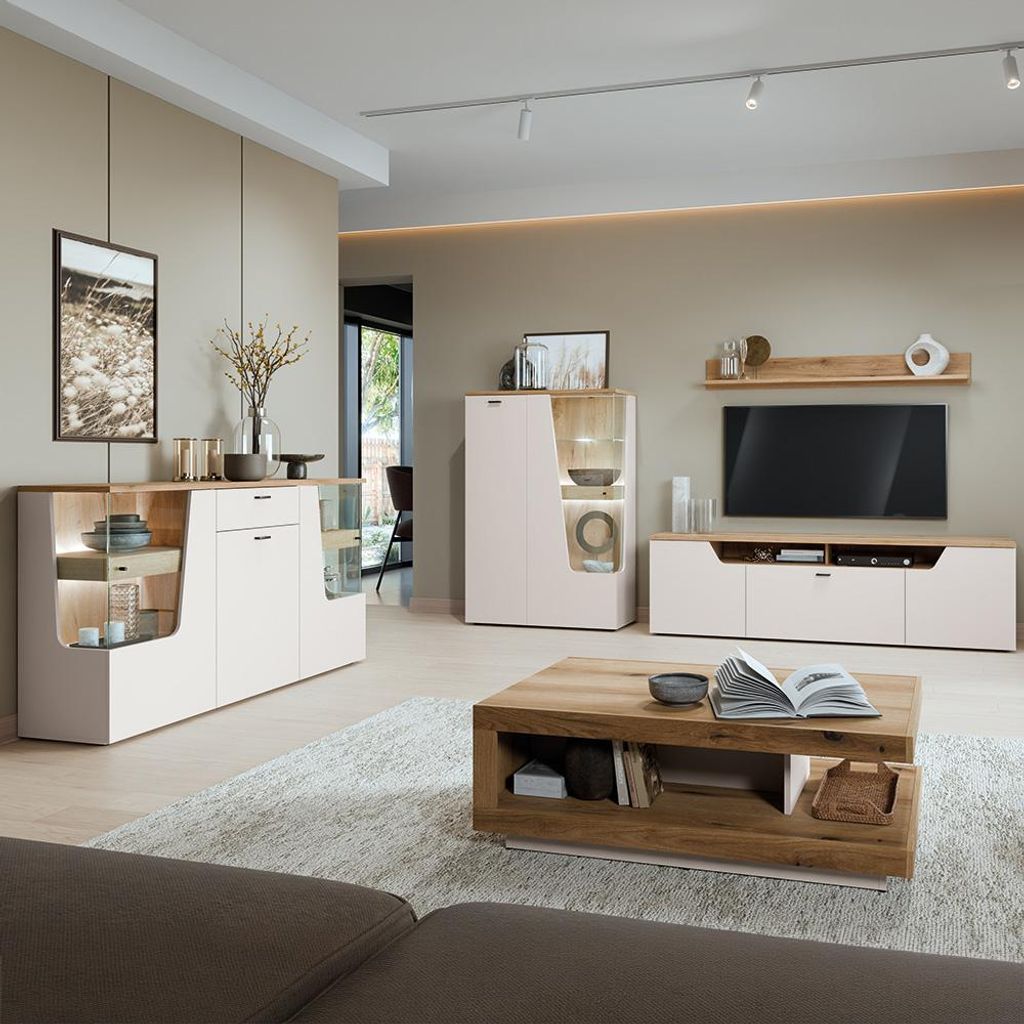 Wohnzimmer-Set in Kaschmir & Eiche mit Couchtisch & Sideboard, 5-teilig - CARMONA-129