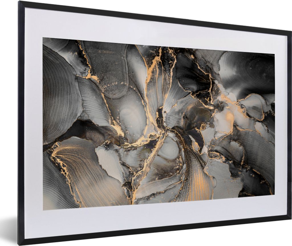 MuchoWow Gerahmtes Poster Grau - Luxus - Gold - Marmor 60x40 cm - Poster mit Schwarzem Bilderrahmen Wandposter Rahmen Foto Bilder - Schlafzimmer ...